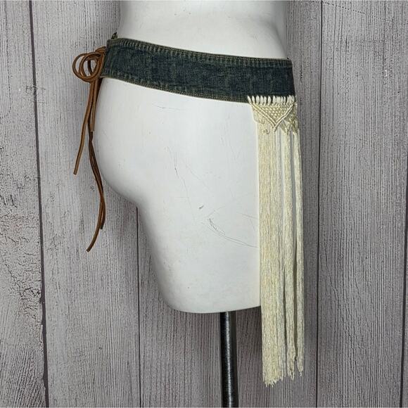 VTG 90s Y2K Boho Macrame Knot Fringed Reversible Embroidered & Denim Belt main image 5